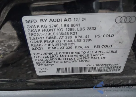 2025 Audi Q4 Sportback E-Tron Prestige 55 Quattro из США, поврежденный, VIN WA14UBFZ7SP032682